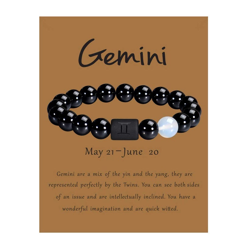 VLINRAS Zodiac Gemini Bracelet for Men Father's Day Gemini Gifts Natural Black Onyx Stone Zodiac Charm Bracelet Constellation Horoscope Jewelry - Image 1